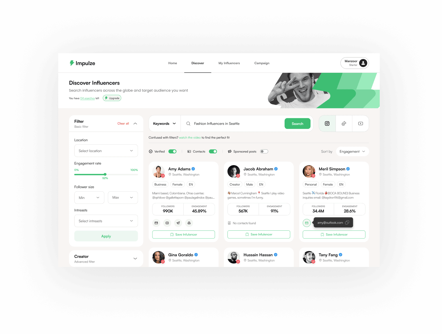 The impulze.ai dashboard, listing creators with their audience metrics